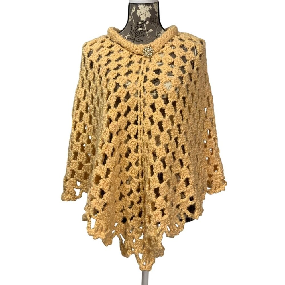 Vintage Handmade Crochet Golden Yellow Poncho Topper w/ Fancy Brooch OSFM
